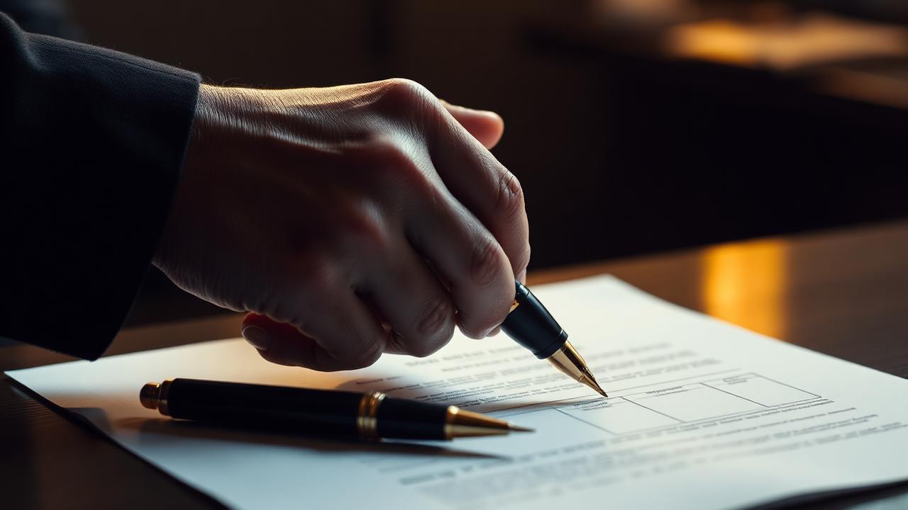 Hand unterschreibt einen Vertrag mit Füllfederhalter