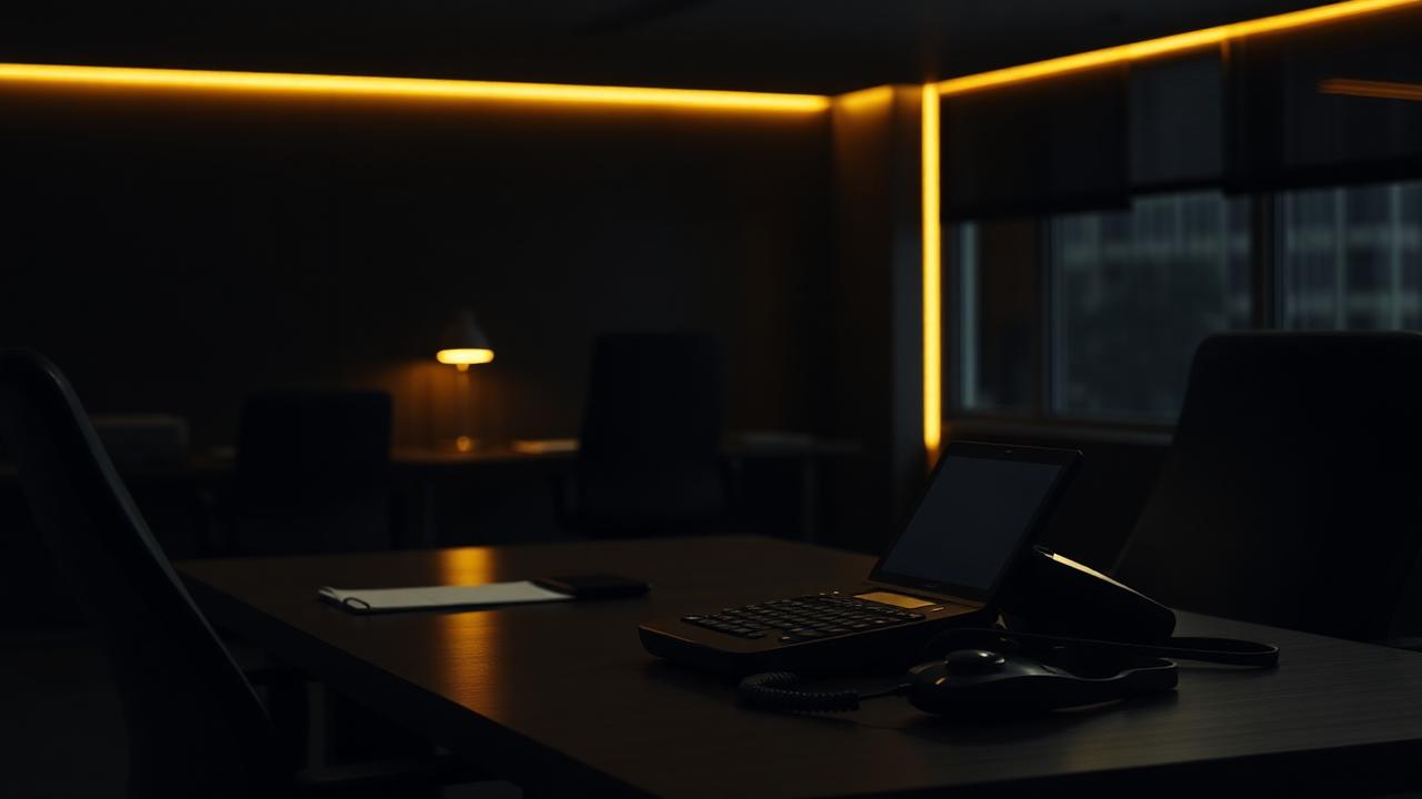 Leeres Büro am frühen Morgen mit Telefon und Headset