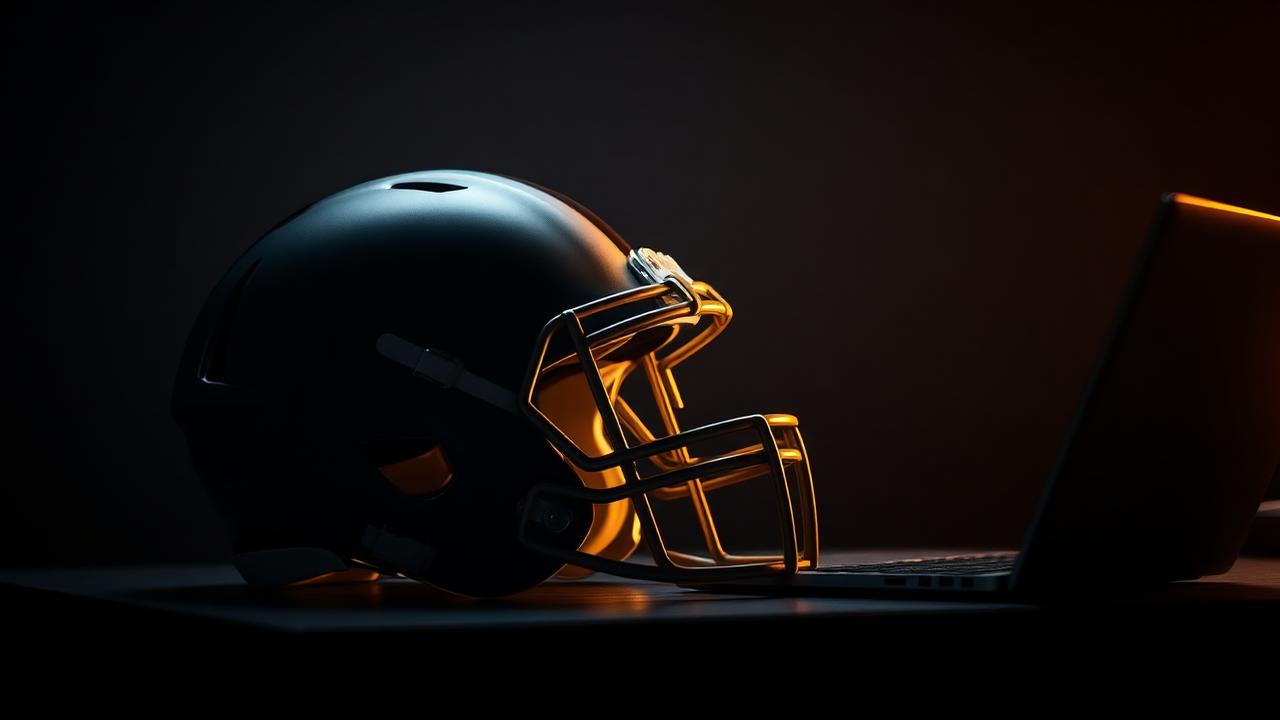 Football-Helm neben Laptop auf dunklem Schreibtisch