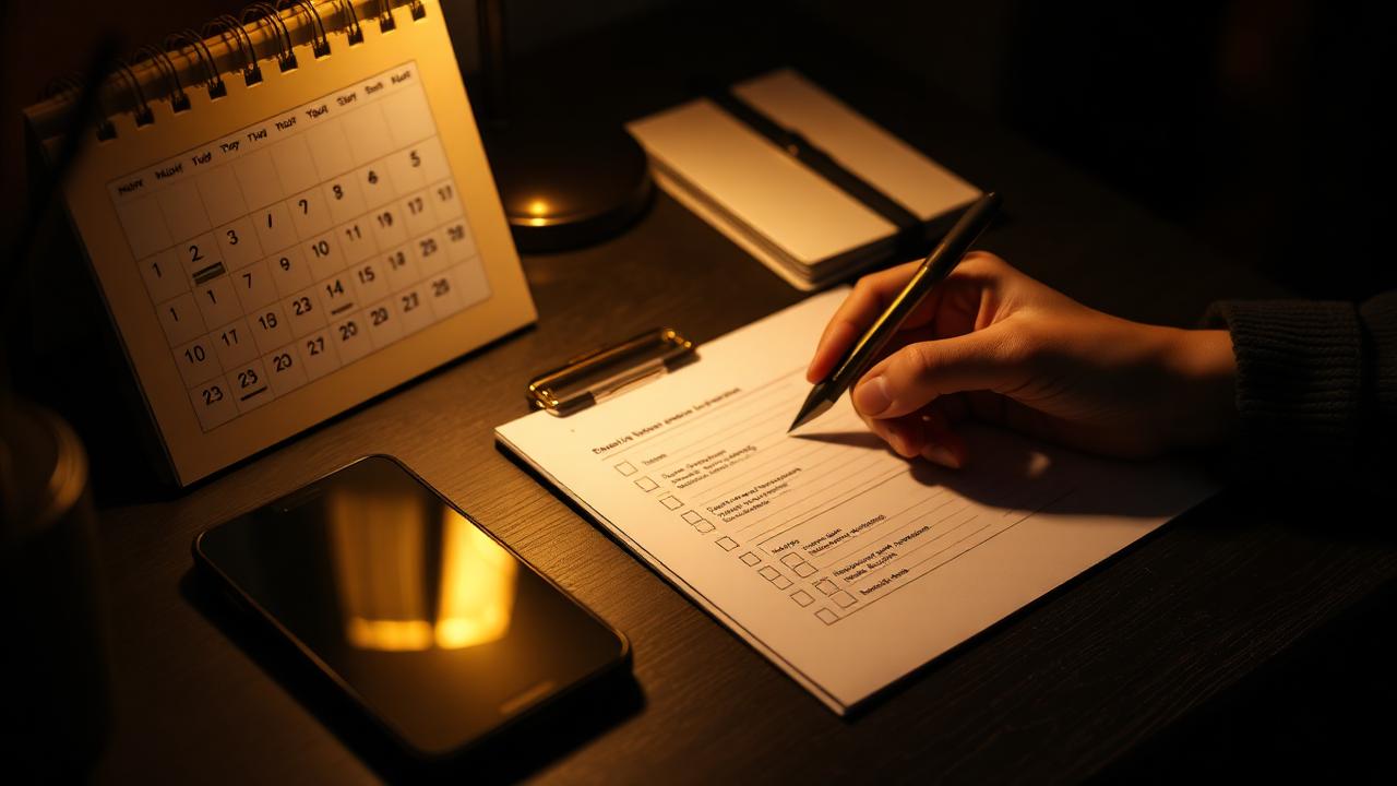 Kalender, Telefon und Checkliste auf dunklem Schreibtisch
