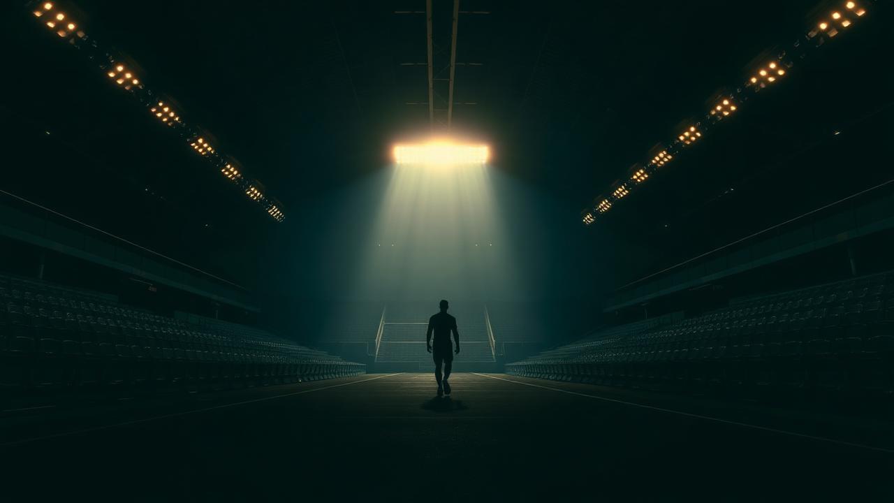 Sportler im Flutlicht eines leeren Stadions