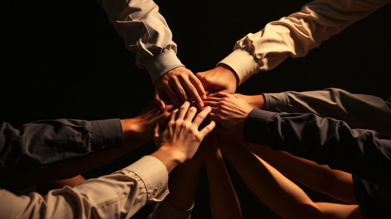 Hände eines Teams übereinander gelegt